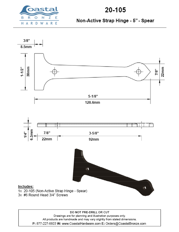 Textured Bronze Non-Active Strap Hinge - 5" Spear