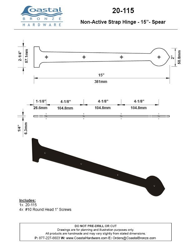 Textured Bronze Non-Active Strap Hinge - 15" Spear