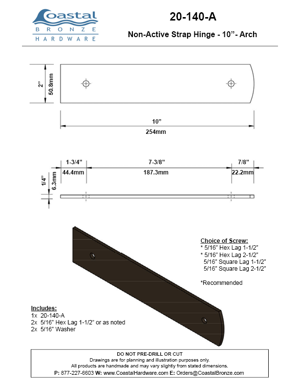 Textured Bronze Non-Active Band Hinge - 10" - Arch