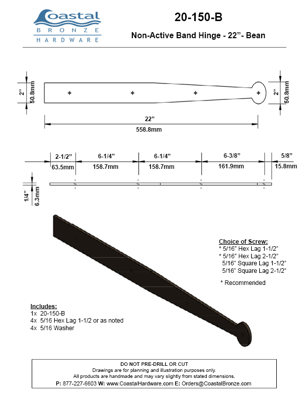 Textured Bronze Non-Active Band Hinge - 22" - Bean