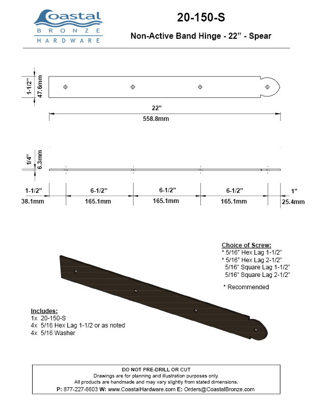 Textured Bronze Non-Active Band Hinge - 22" - Spear