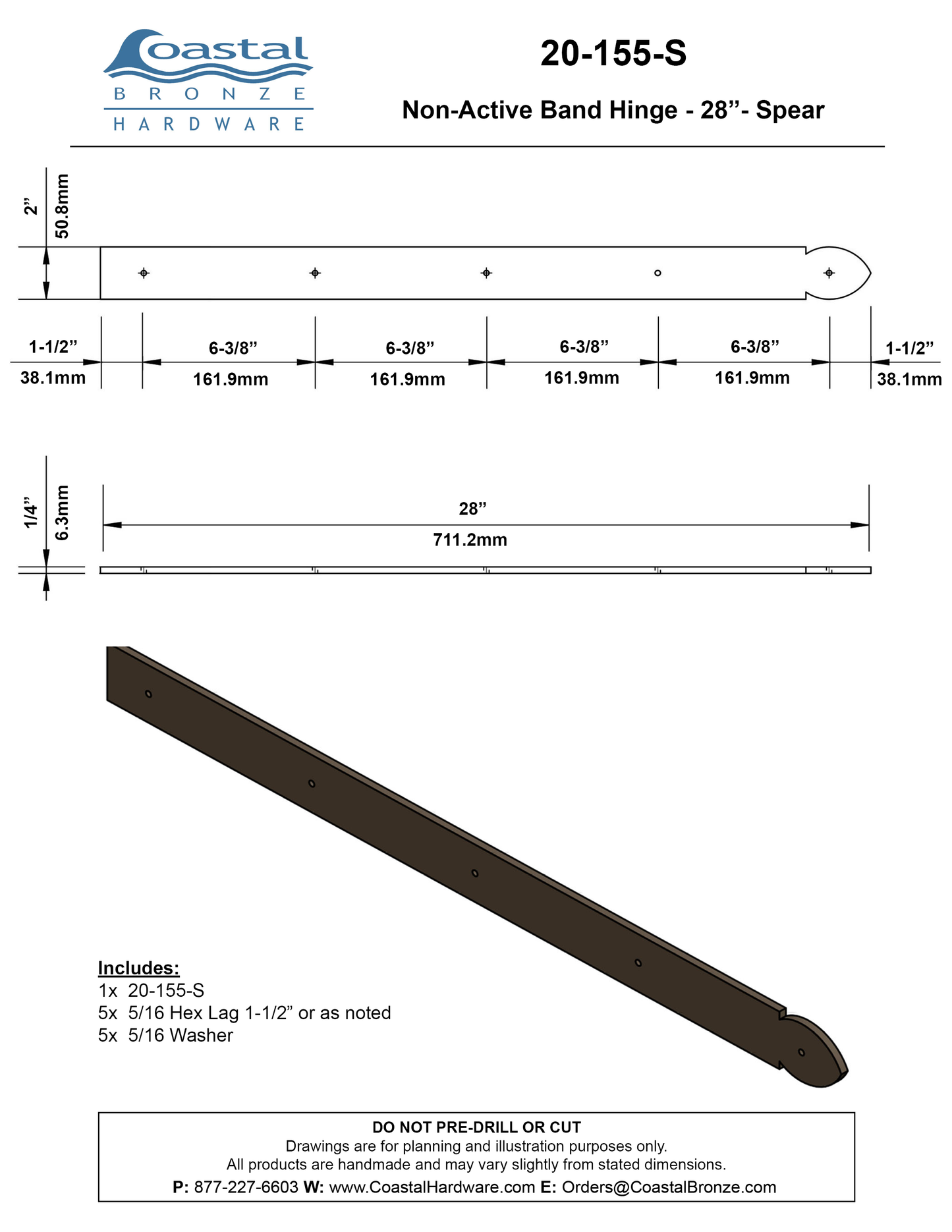 Textured Bronze Non-Active Band Hinge - 28" - Spear