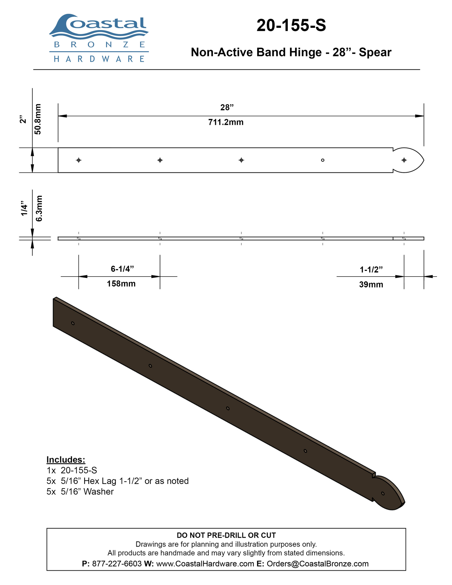 Textured Bronze Non-Active Band Hinge - 28" - Spear
