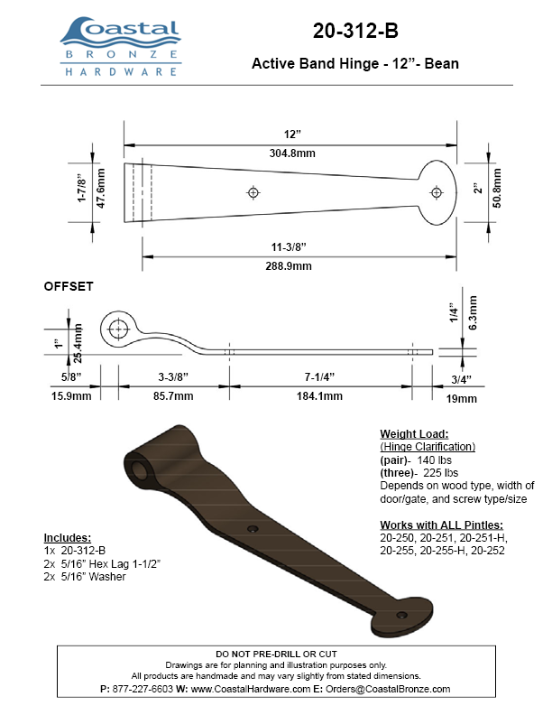 Textured Bronze Band Hinge - 12" - Bean