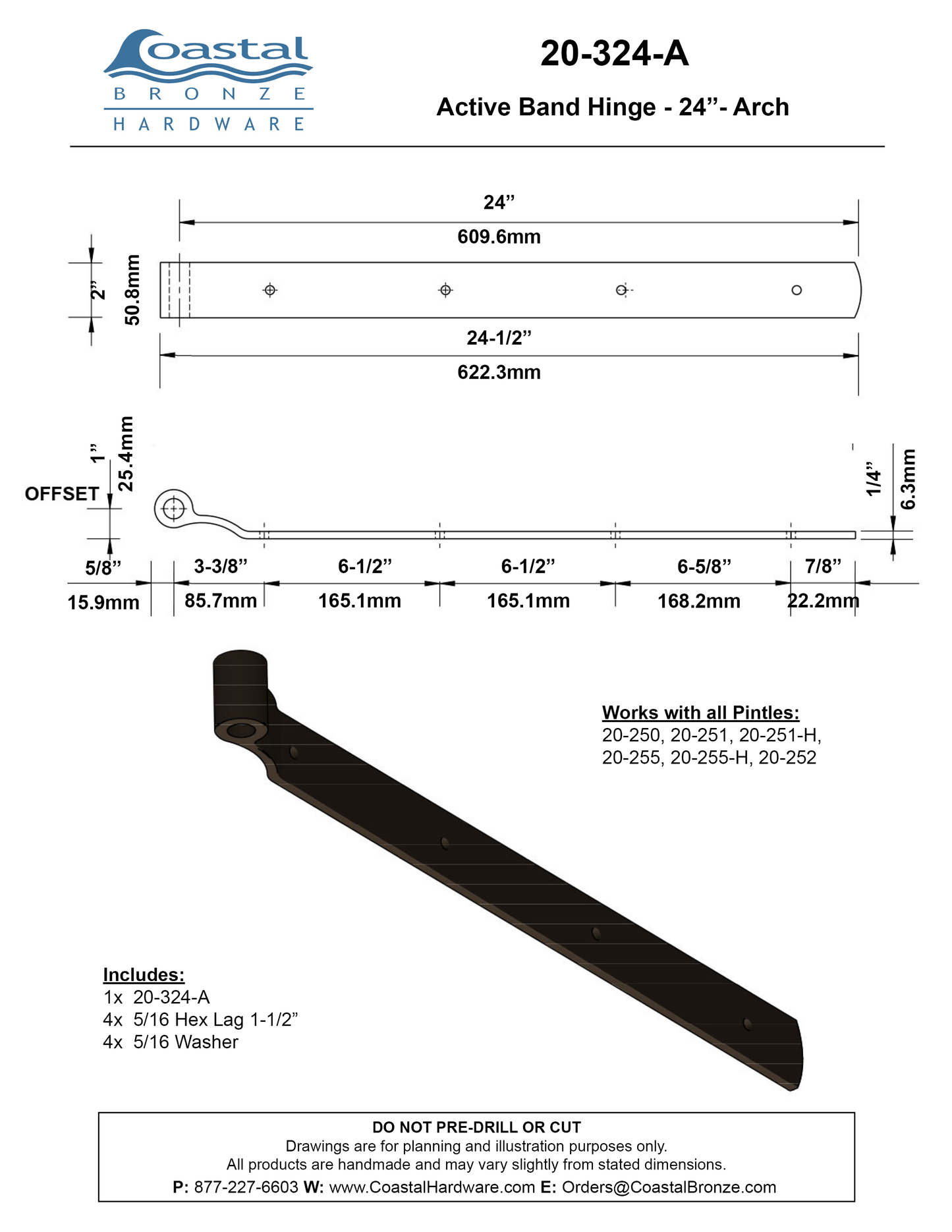 Textured Bronze Band Hinge - 24" - Arch