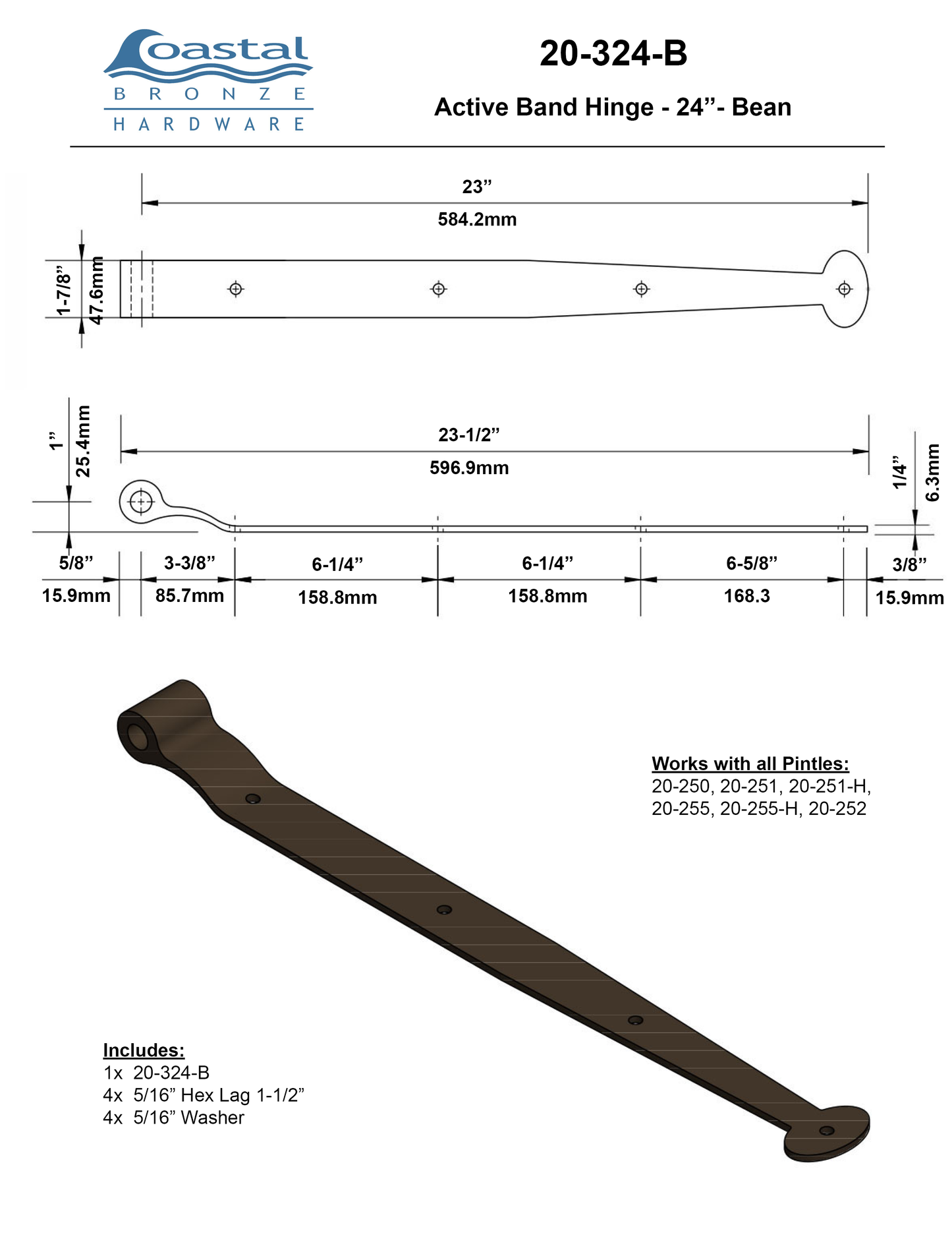 Textured Bronze Band Hinge - 24" - Bean
