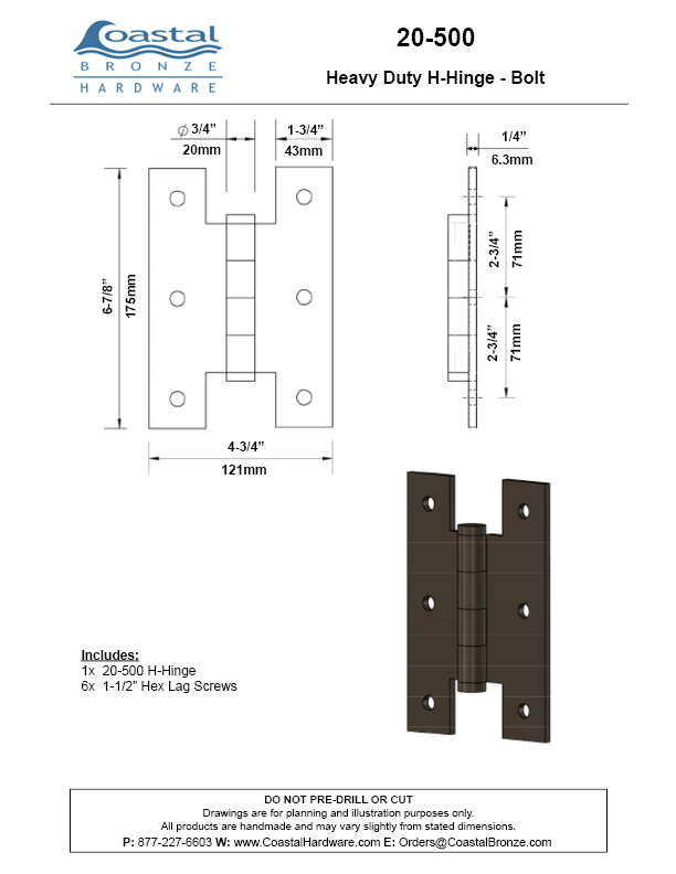 Textured Bronze Heavy Duty H-Hinge - Bolt
