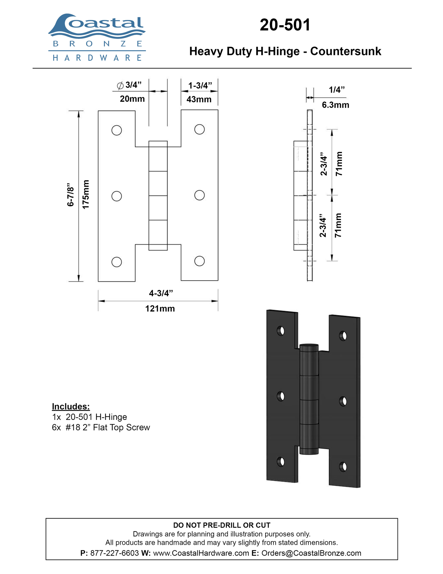 Textured Bronze Heavy Duty H-Hinge - Countersunk