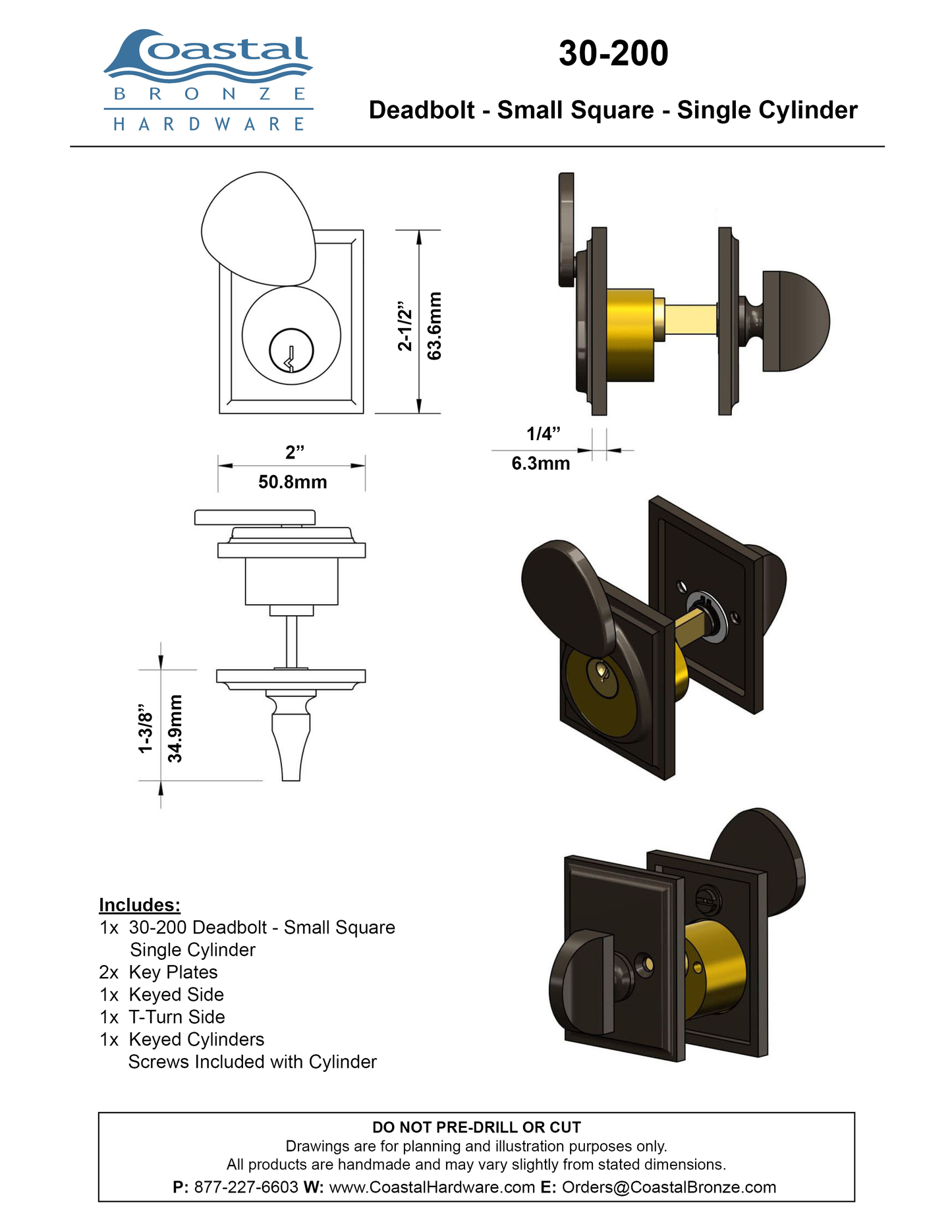 Textured Bronze Deadbolt - Small Square - Single Cylinder - Self Latching