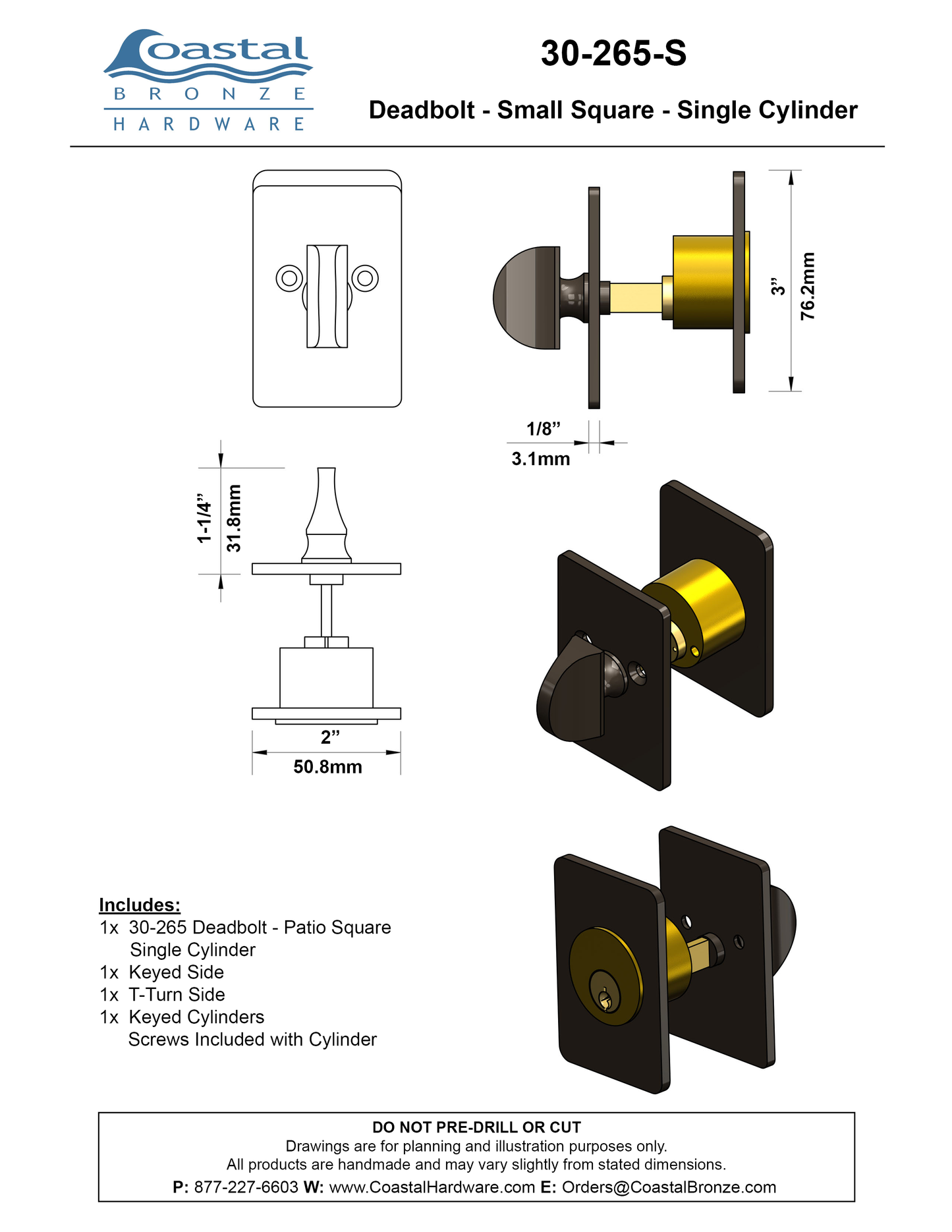 Textured Bronze Deadbolt - Patio Square - Single Cylinder - Self Latching