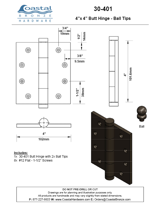 Textured Bronze Butt Hinge - 4" x 4" - Ball Tip