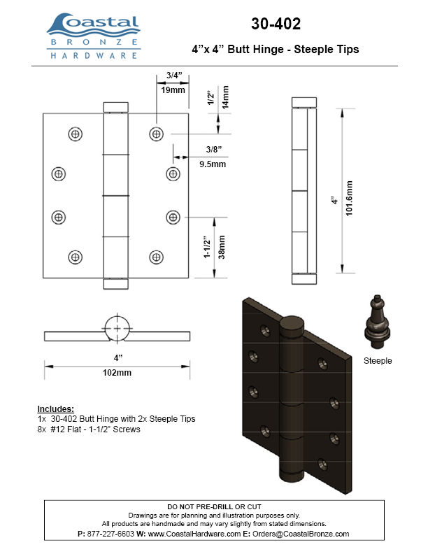 Textured Bronze Butt Hinge - 4" x 4" - Steeple Tip
