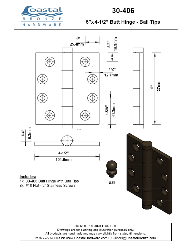 Textured Bronze High Load Butt Hinge - 5" x 4-1/2" - Ball
