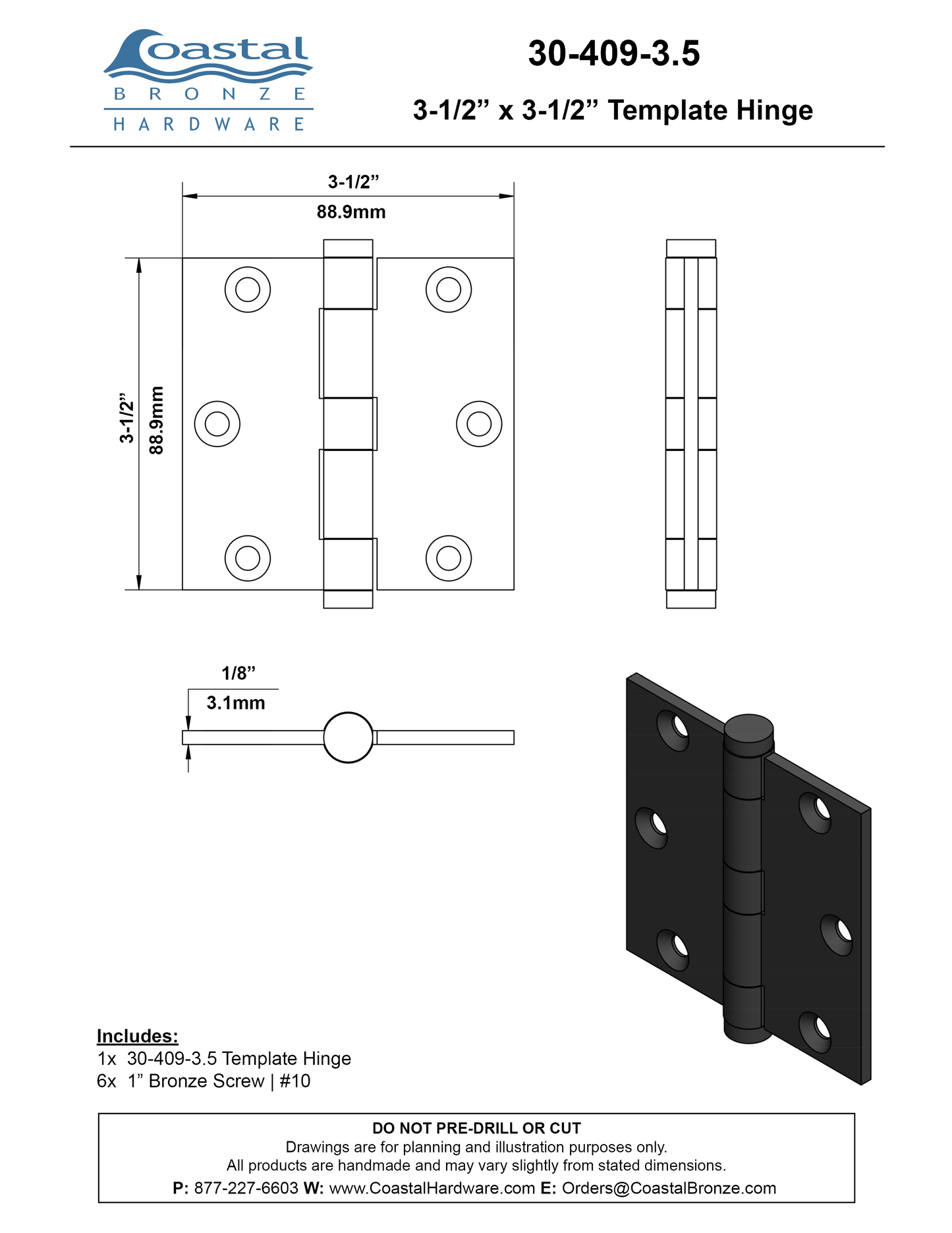 Bronze Template Hinge - 3-1/2" x 3-1/2"