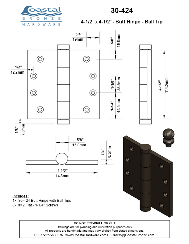 Textured Bronze Butt Hinge - 4-1/2" x 4-1/2" - Ball Tip