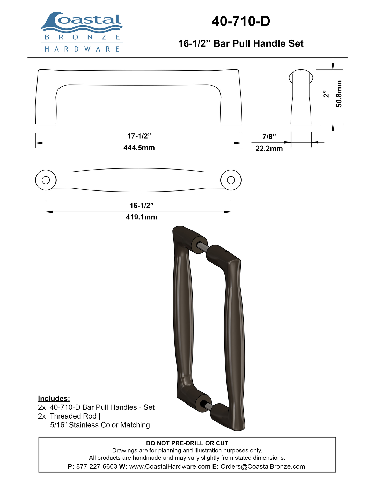 Textured Bronze Bar Pull Handle Set - Back to Back - 8" C2C