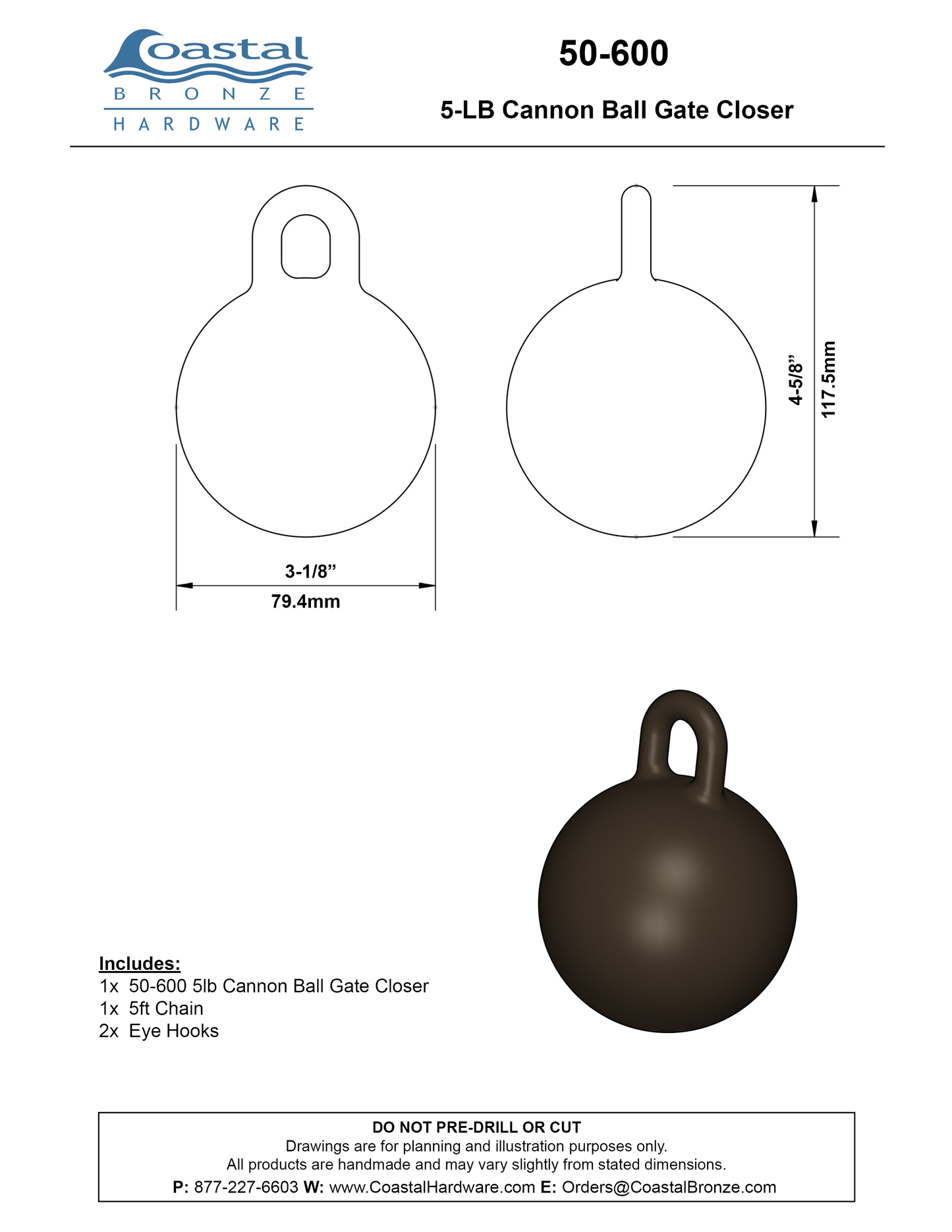 Textured Bronze Cannon Ball Gate Closer - 5 LBs
