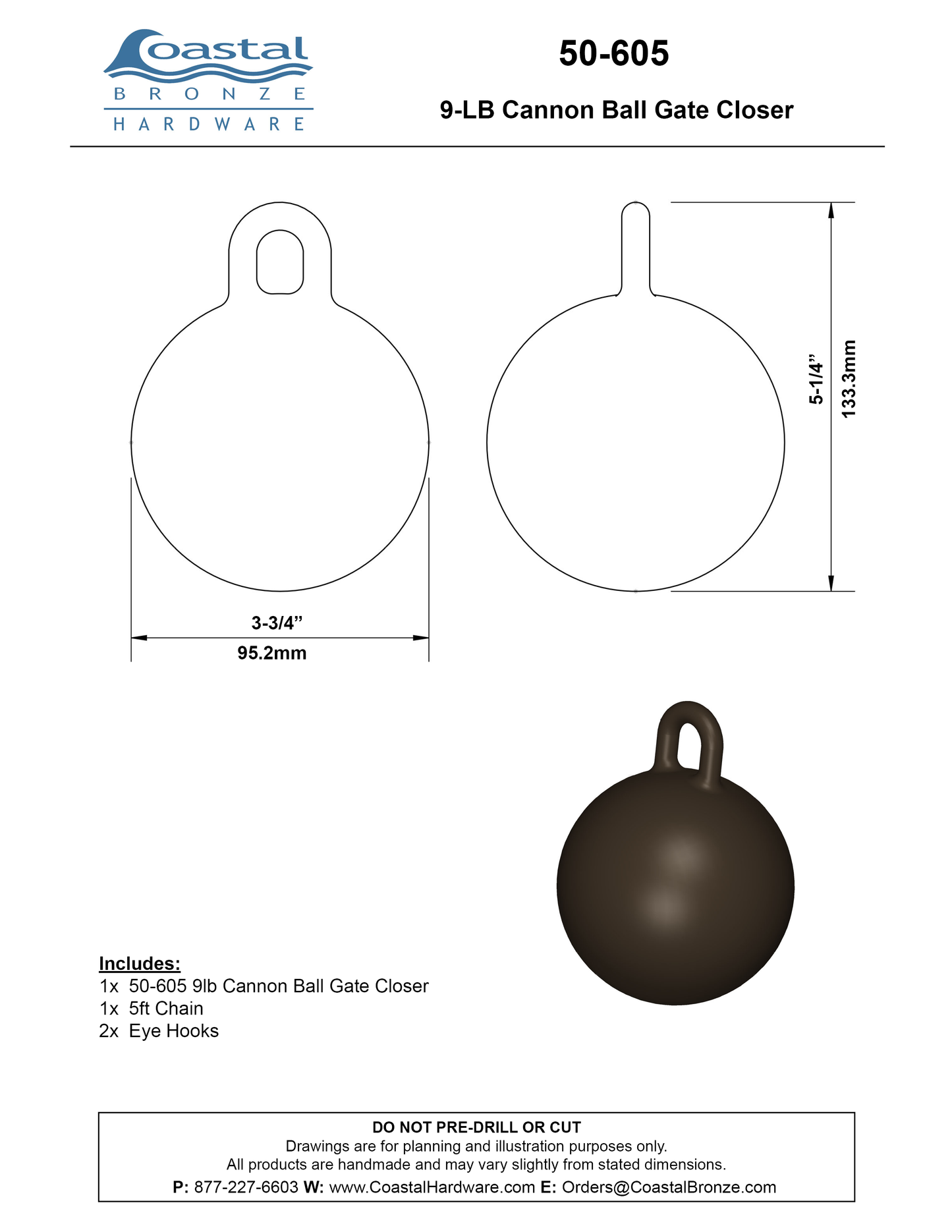 Textured Bronze Cannon Ball Gate Closer - 9 LBs