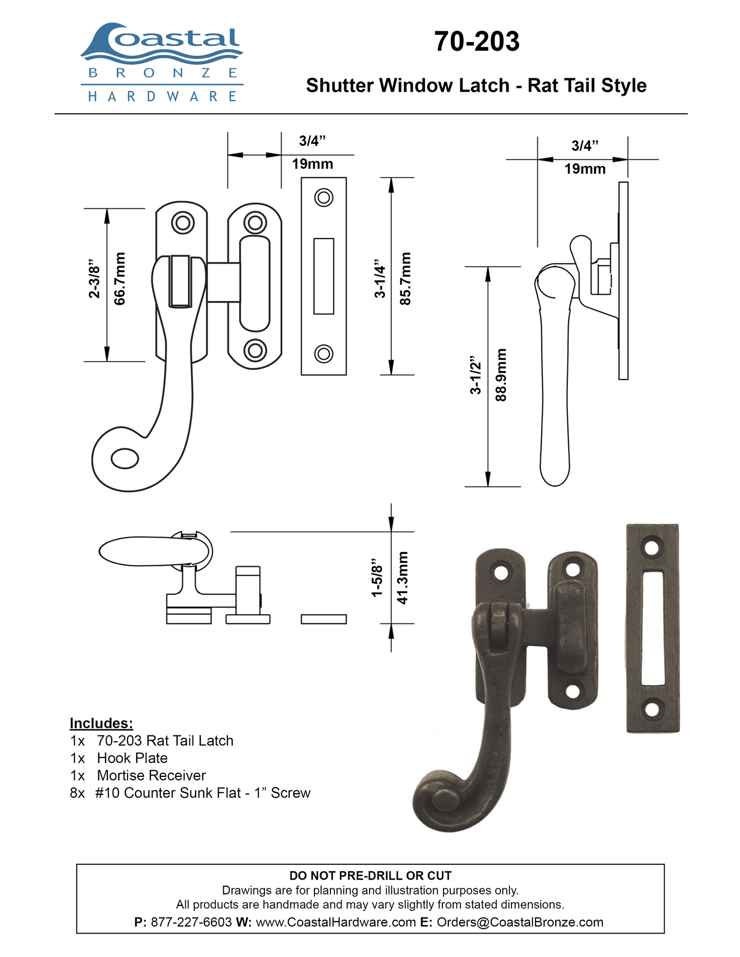 Textured Bronze Shutter Window Latch - Rat Tail Style