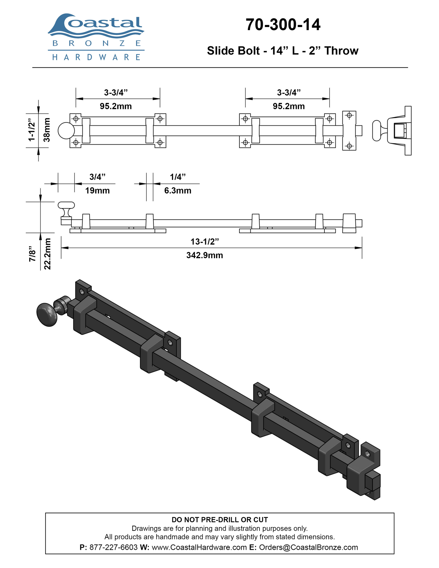 Textured Bronze Slide Bolt - 14" L - 2" Throw