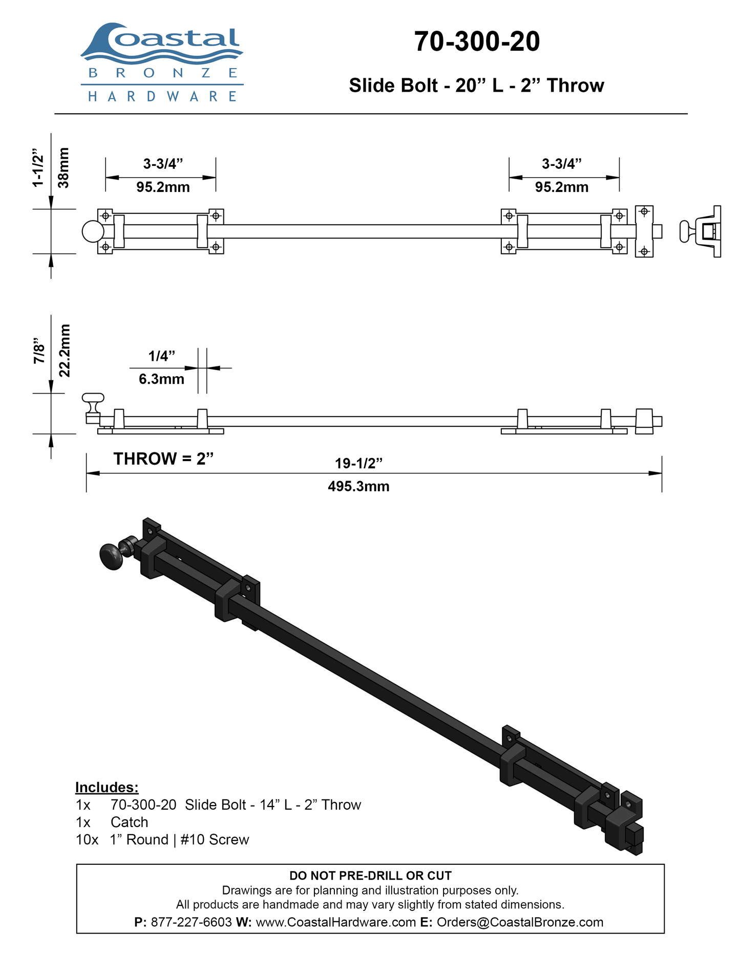 Textured Bronze Slide Bolt - 20" L - 2" Throw