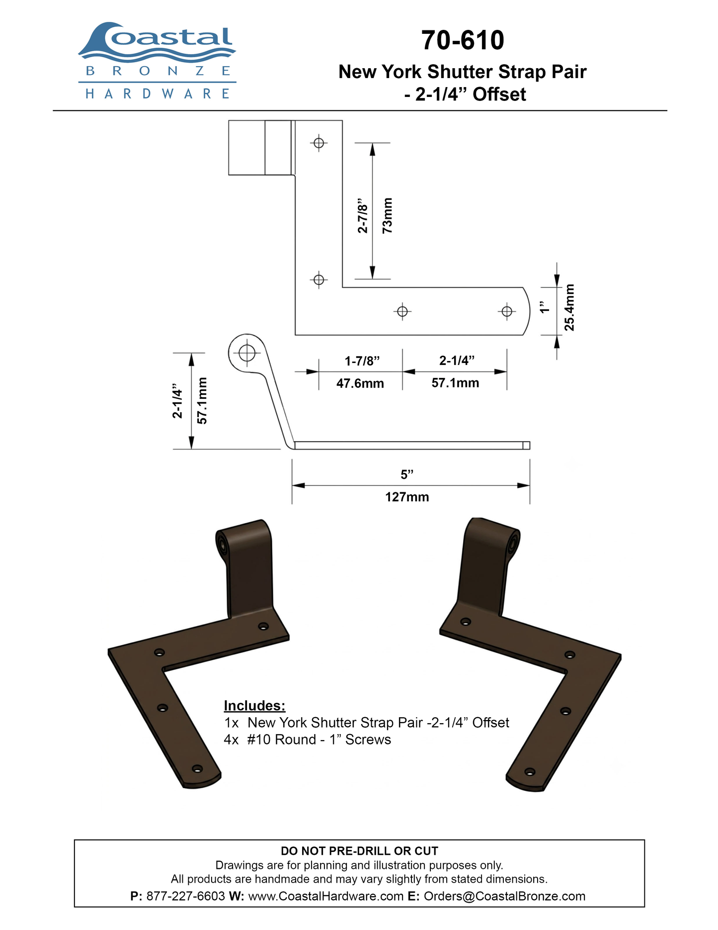 Textured Bronze New York Shutter Straps Only Pair - 2-1/4" Offset