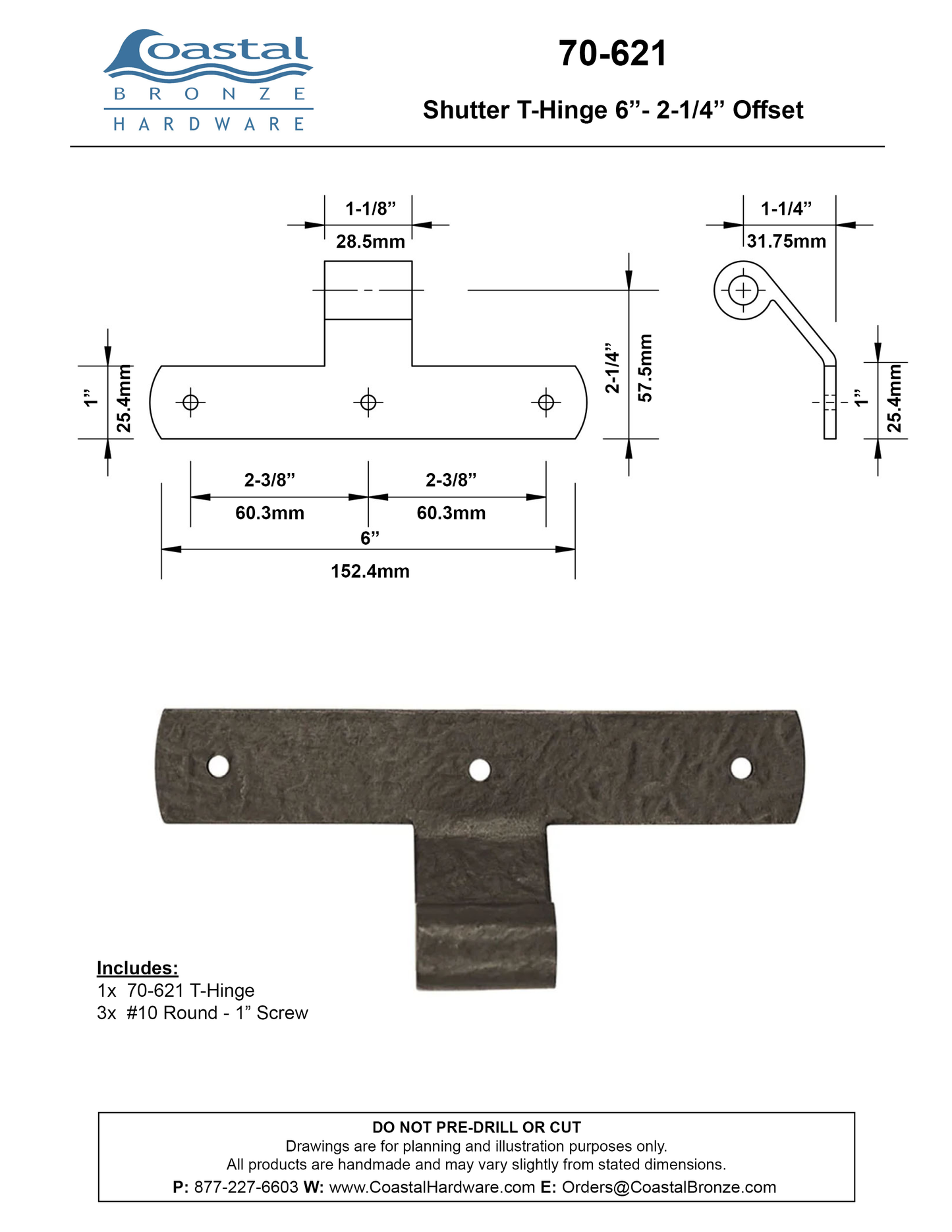 Textured Bronze 6" Shutter T-Hinge Strap Only - 1-1/4" Offset