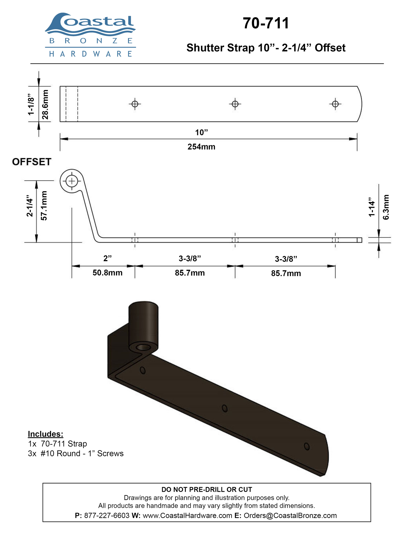 Textured Bronze 10" Shutter Strap Only - 2-1/4" Offset
