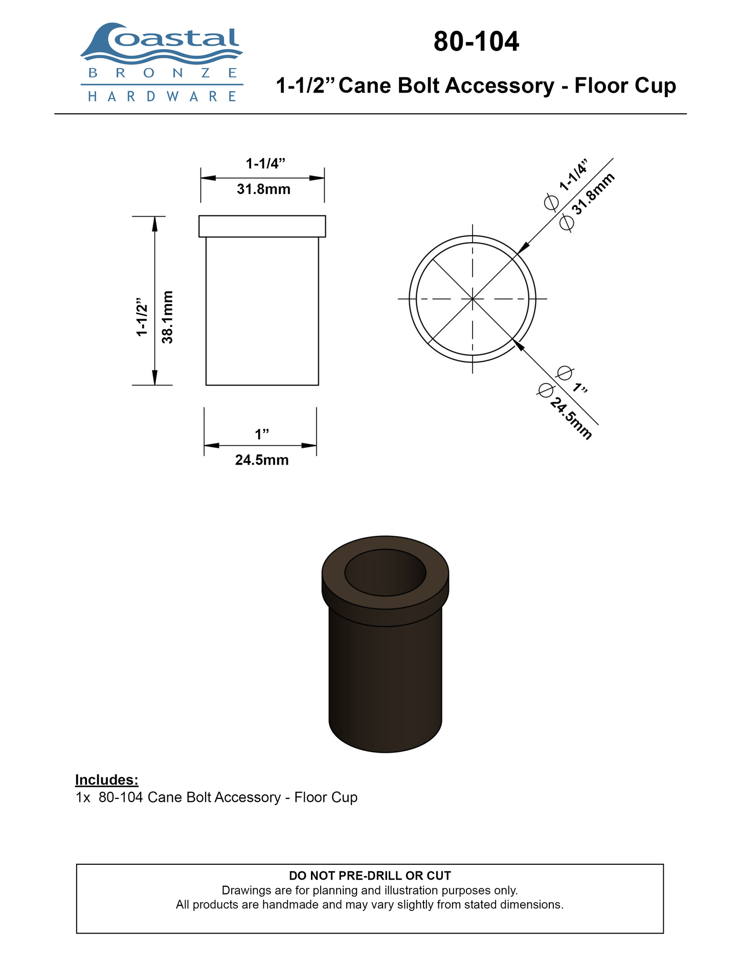 Textured Bronze Cane Bolt Accessory - Floor Cup - 1-1/2"