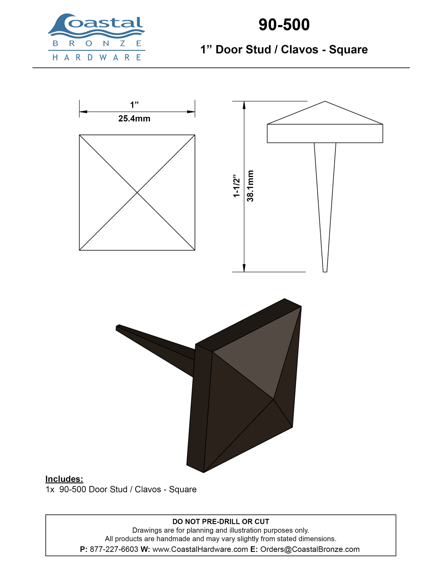 Textured Bronze Door Stud / Clavos - 1" - Square