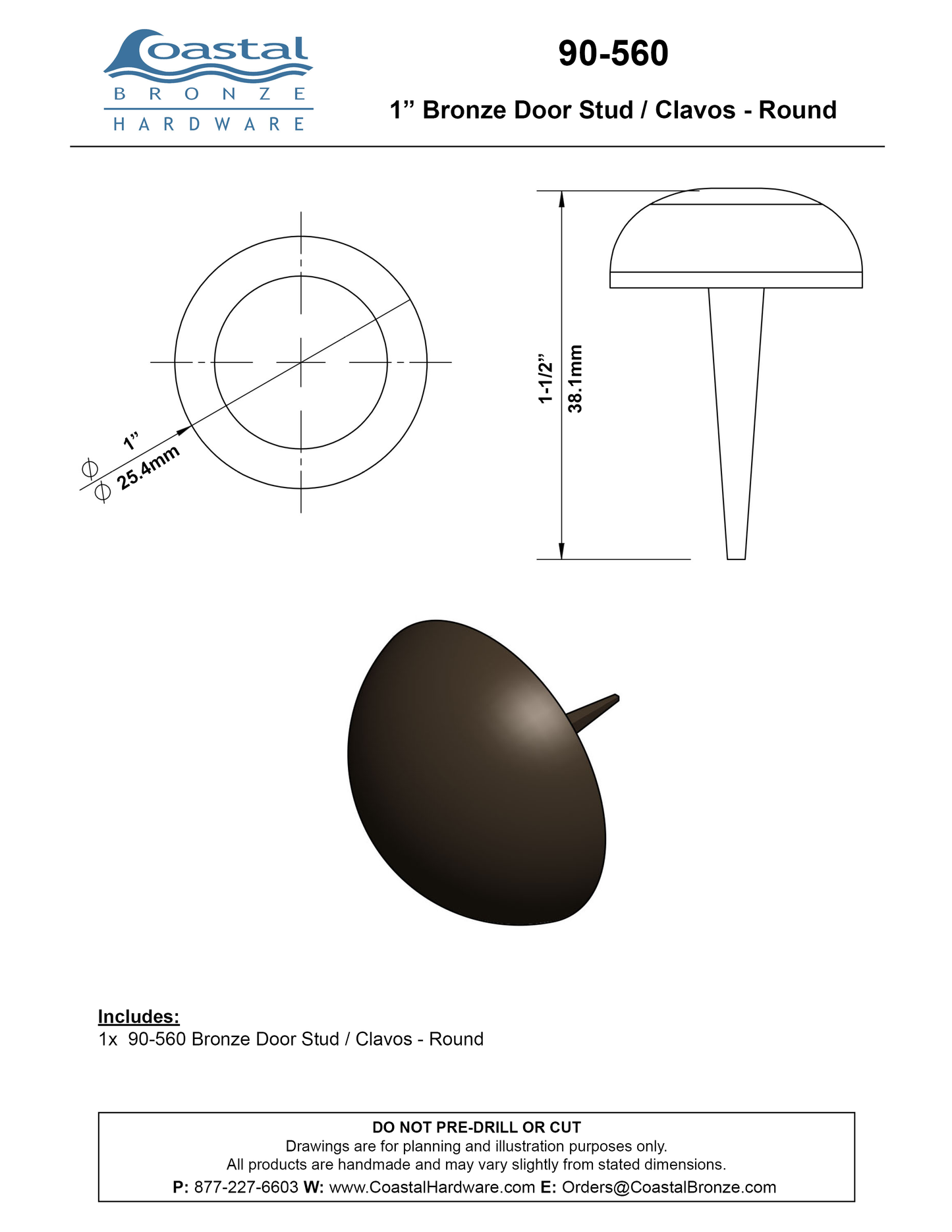 Textured Bronze Door Stud / Clavos - 1" - Round