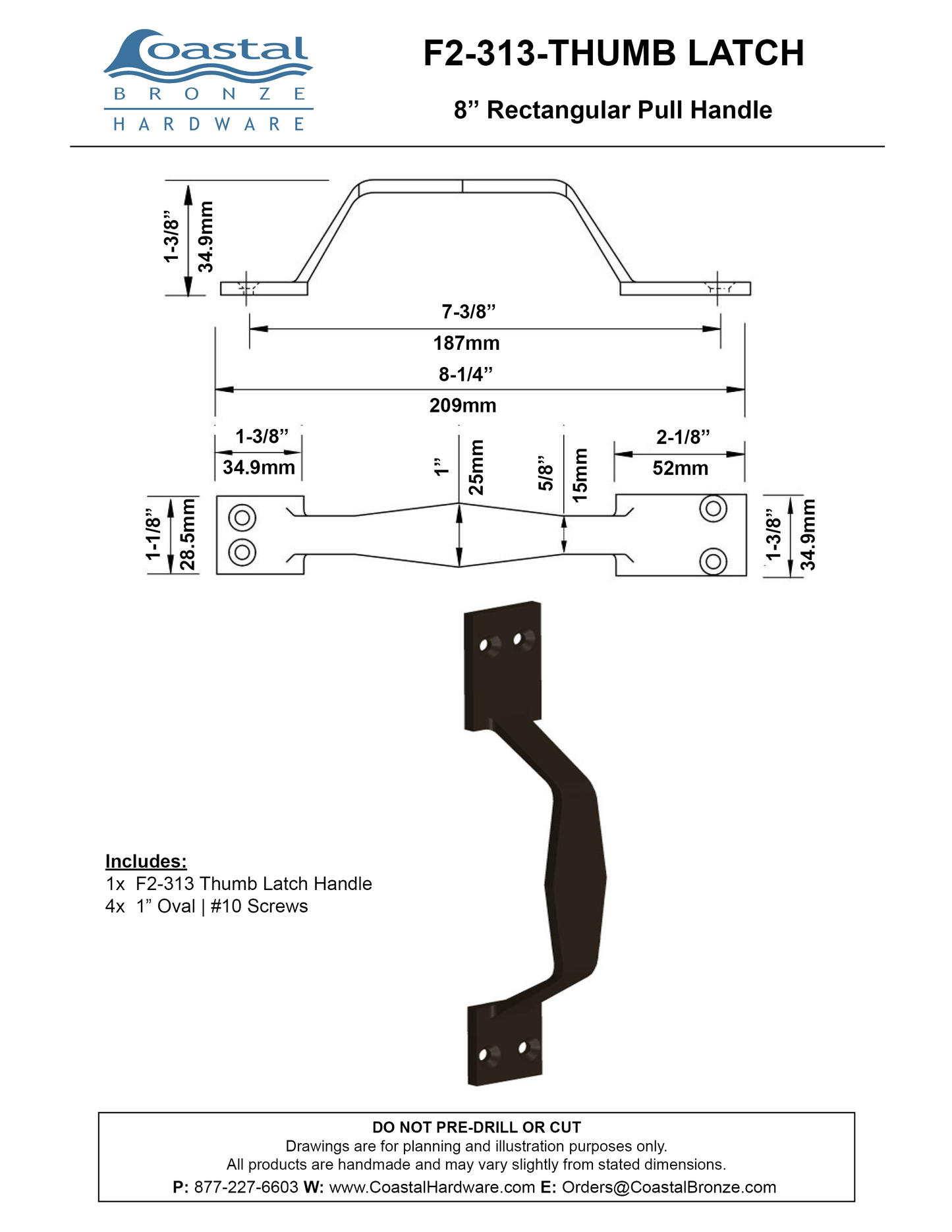 Bronze 8" Rectangular Pull Handle