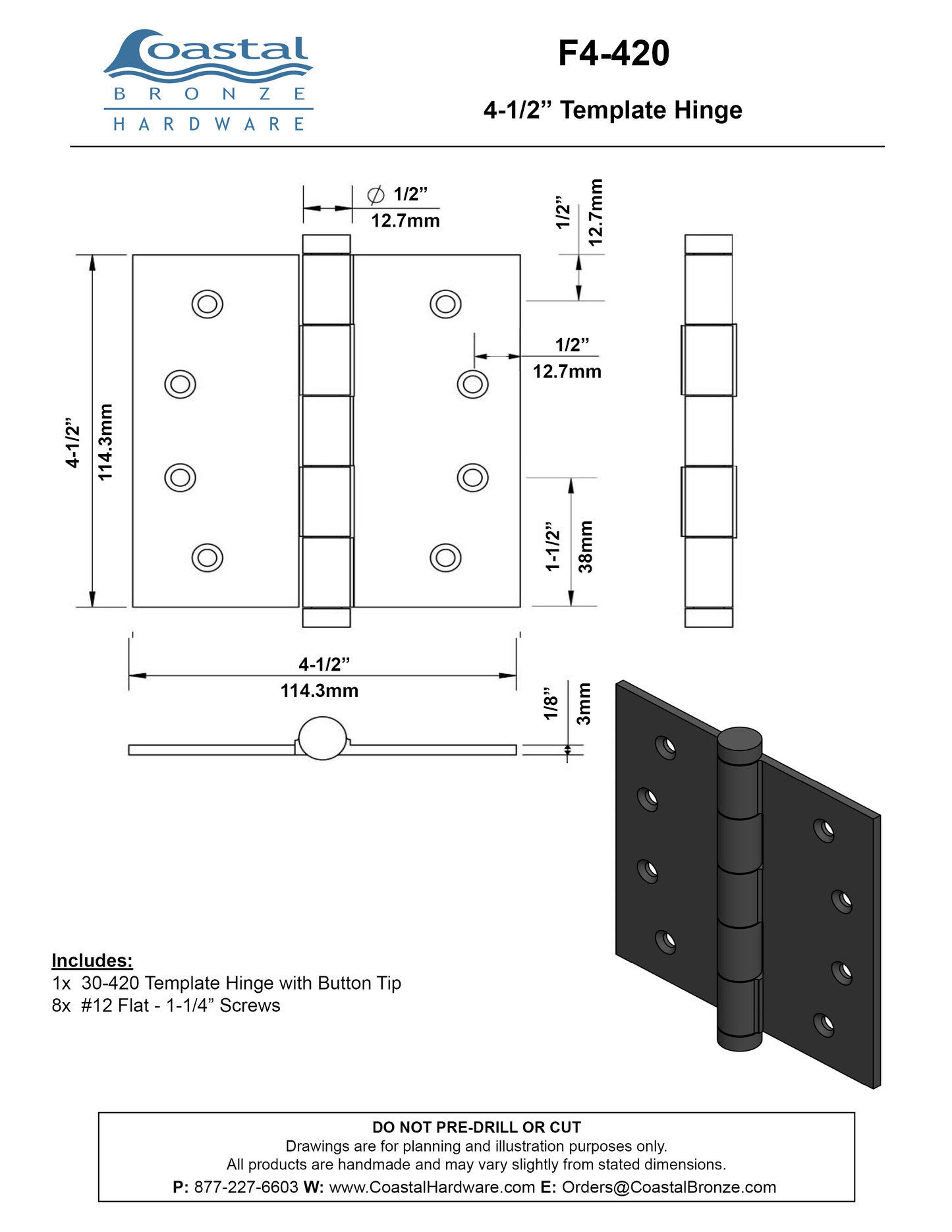 Bronze 4-1/2" x 4-1/2" Template Hinge