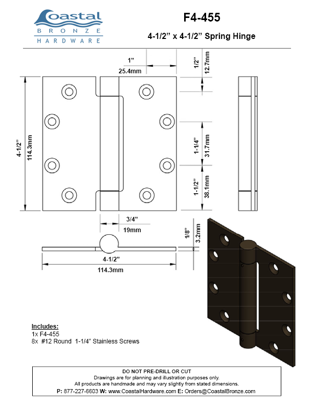 Stainless Steel 4-1/2" x 4-1/2" Spring Hinge - PVD Coated