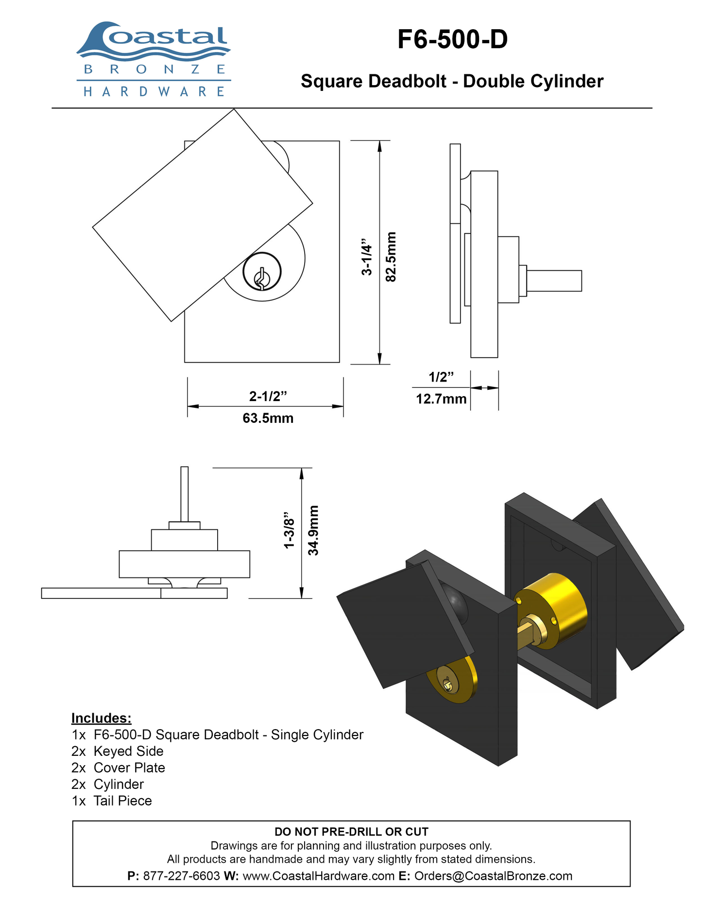 Bronze Square Deadbolt - Double Cylinder