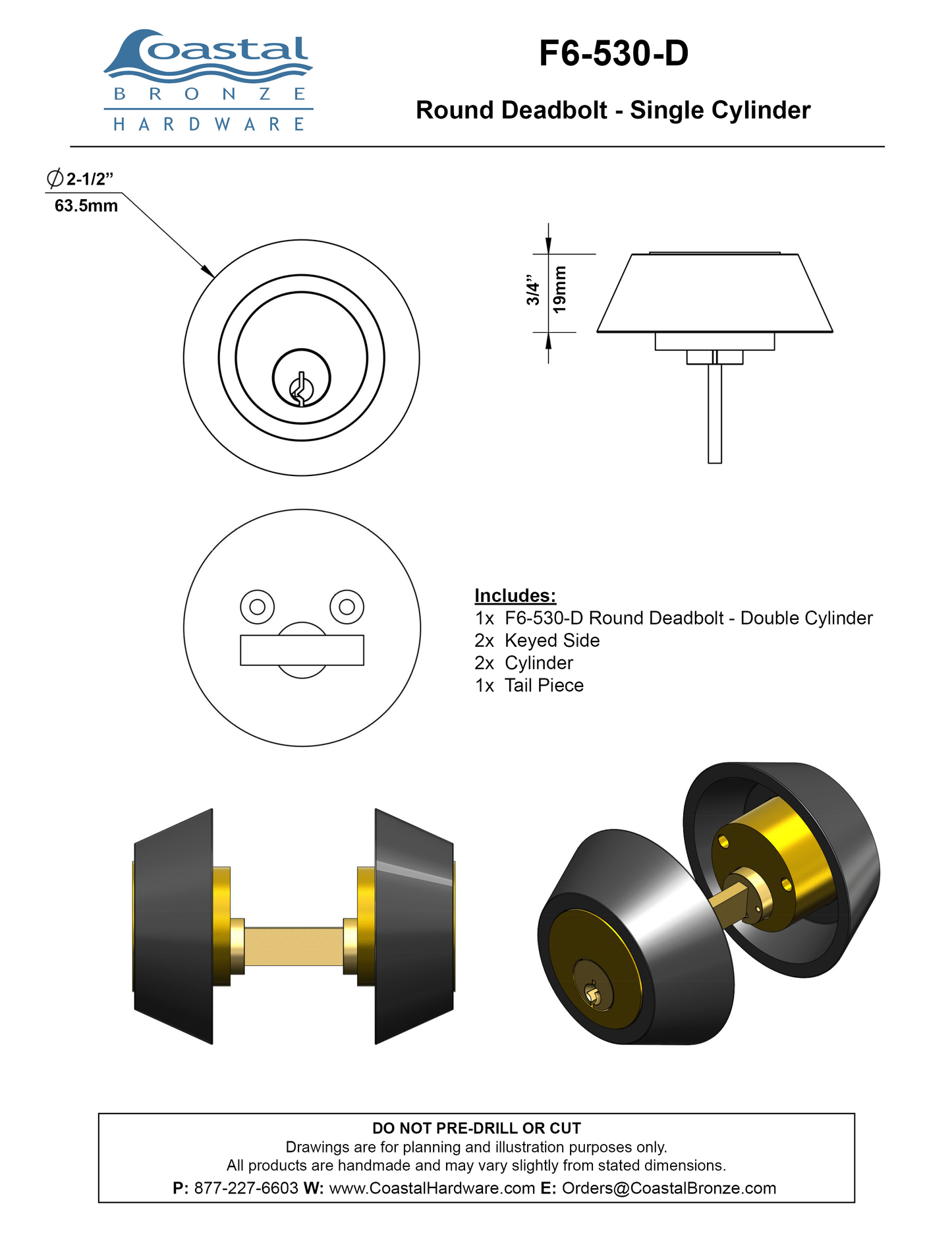 Bronze Round Deadbolt - Double Cylinder