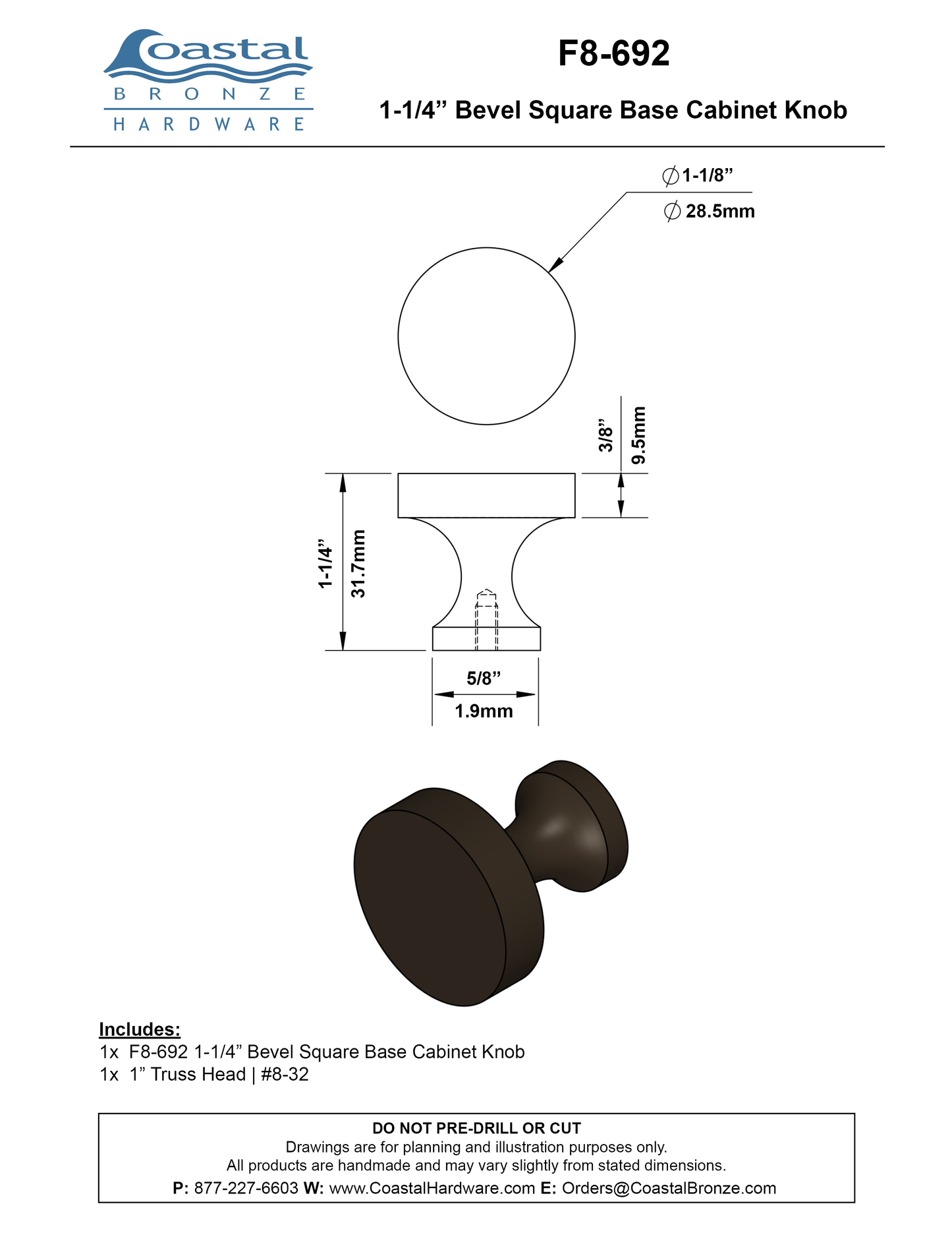 Bronze 1-1/4" Bevel Square Base Cabinet Knob