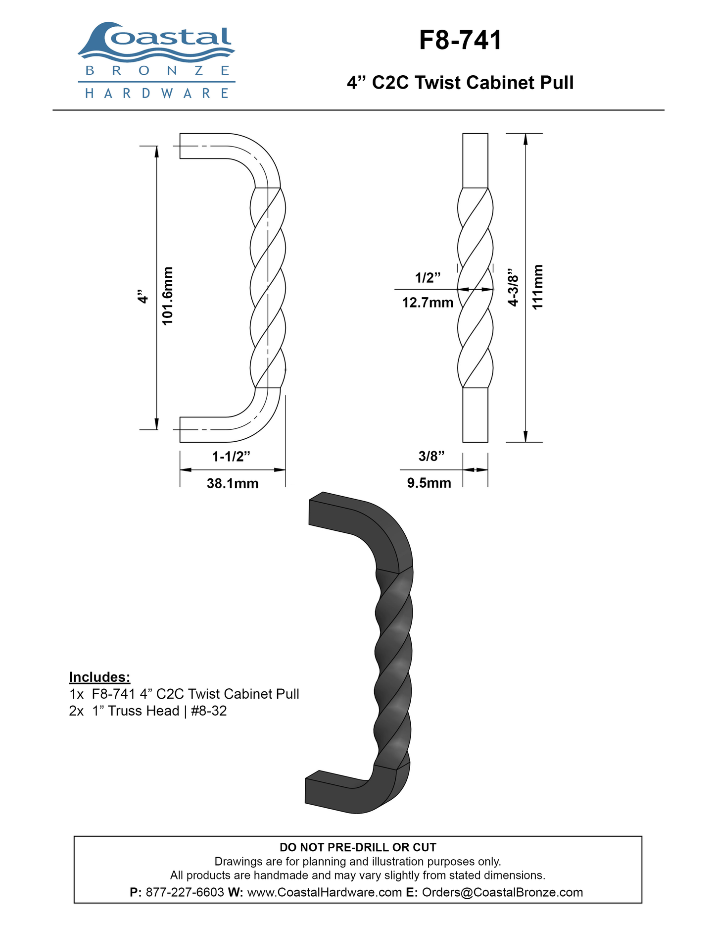 Bronze 4" C2C Twist Cabinet Pull