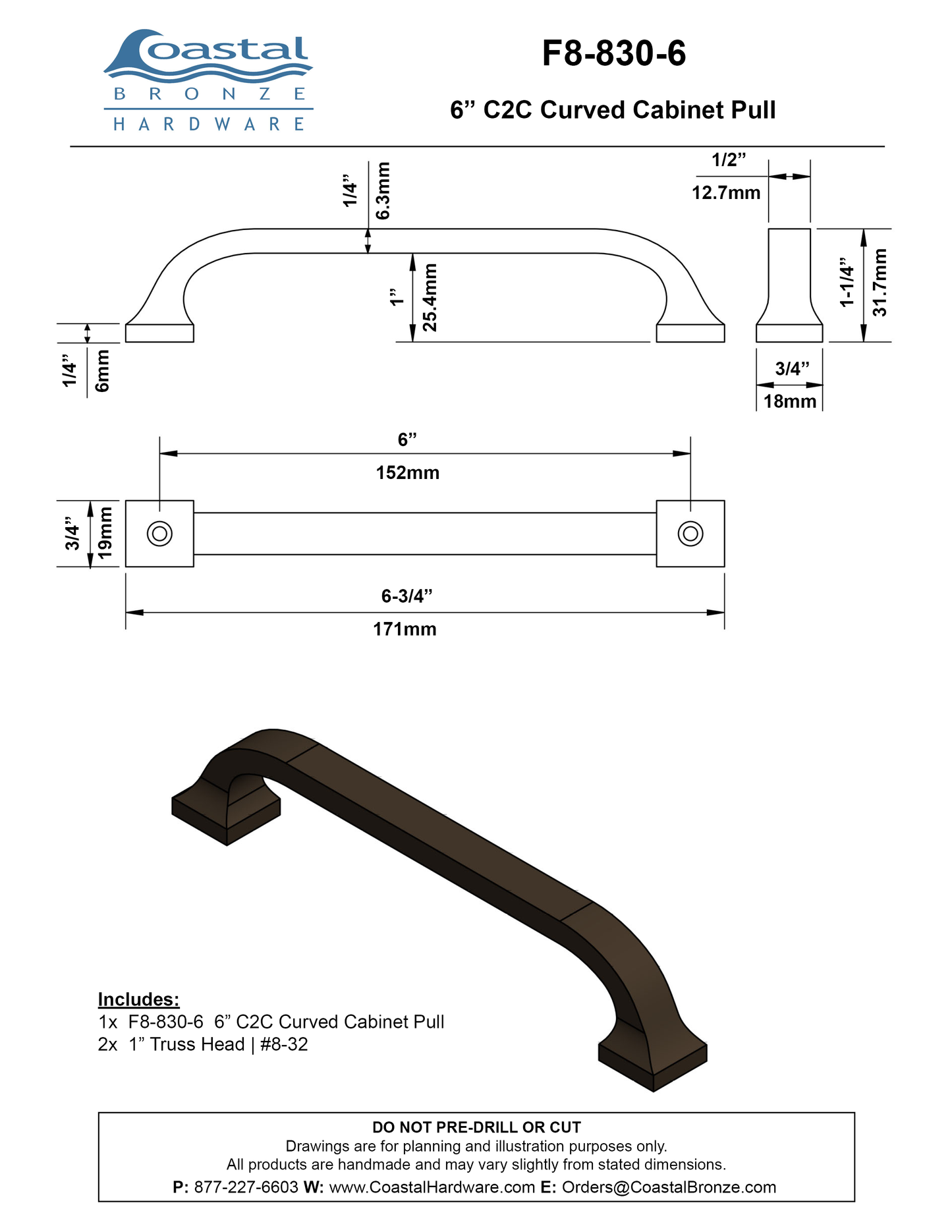 Bronze 6" C2C Curved Cabinet Pull