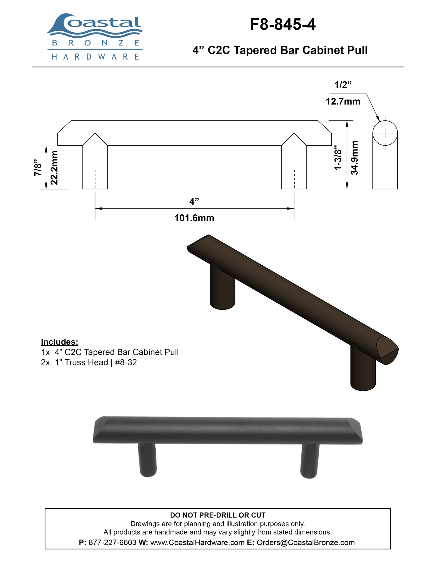 Bronze 4" C2C Tapered Bar Cabinet Pull