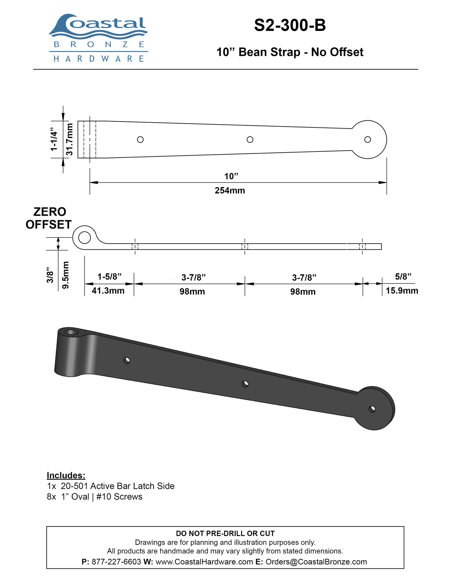 Brass 10" Bean Strap - 0" Offset