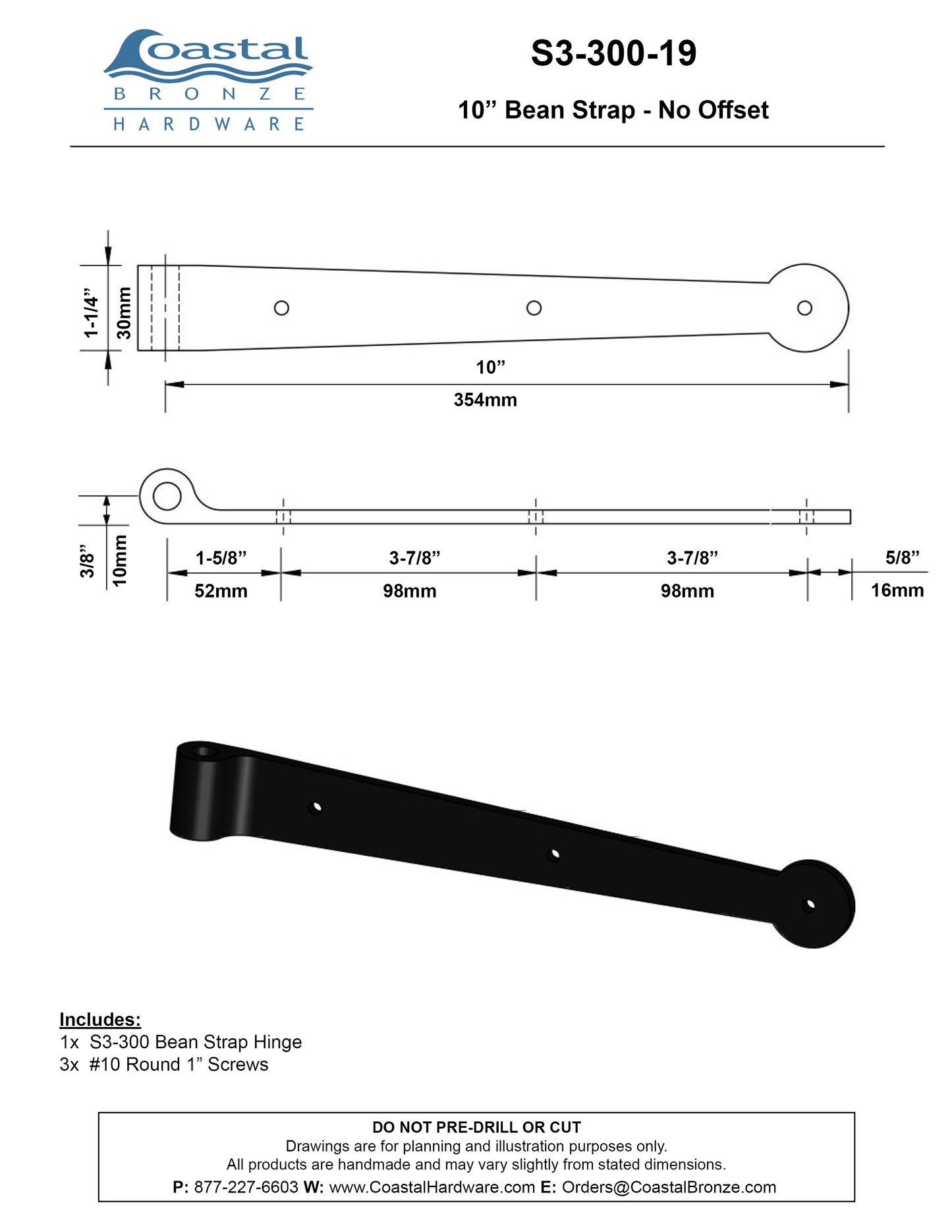 Brass 10" Bean Strap - 0" Offset