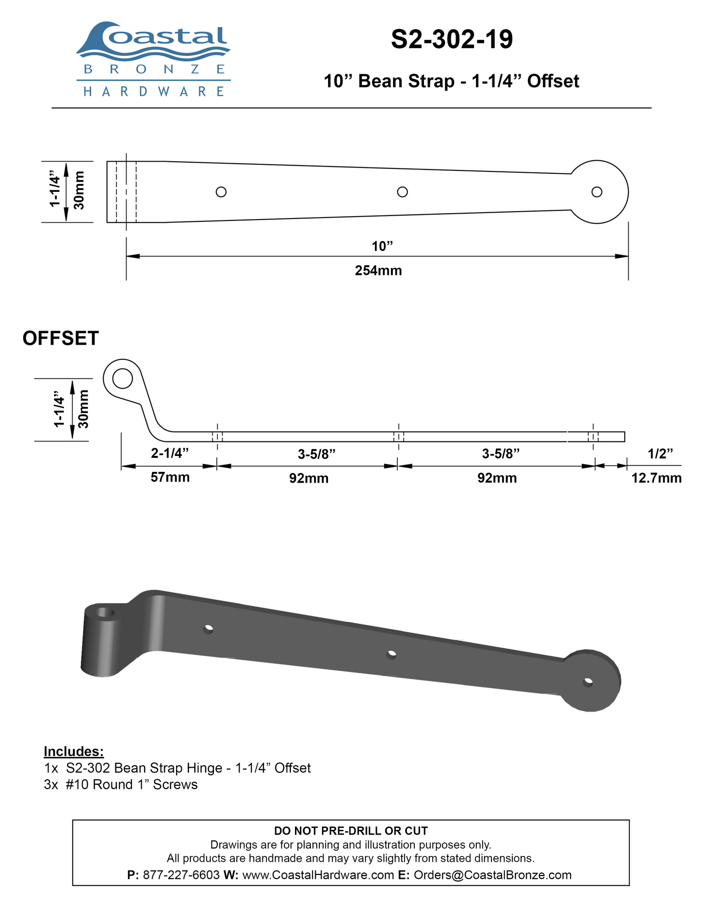 Brass 10" Bean Strap - 1-1/4" Offset