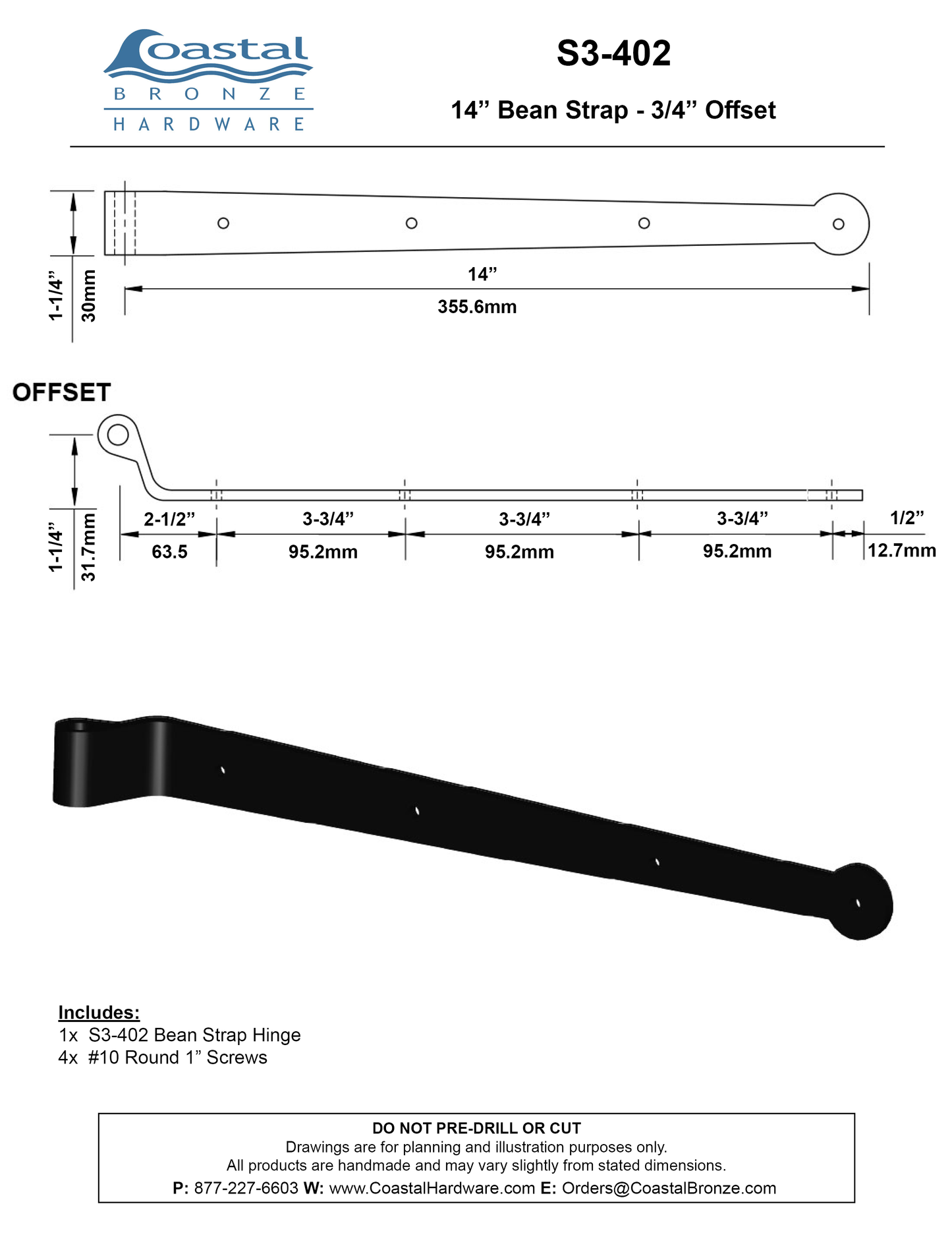 Brass 14" Bean Strap - 1-1/4" Offset