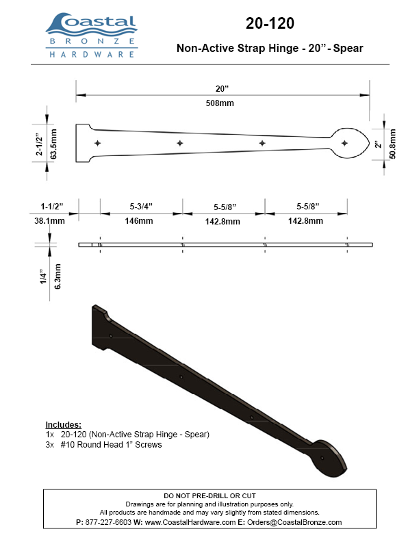 Textured Bronze Non-Active Strap Hinge - 20" Spear