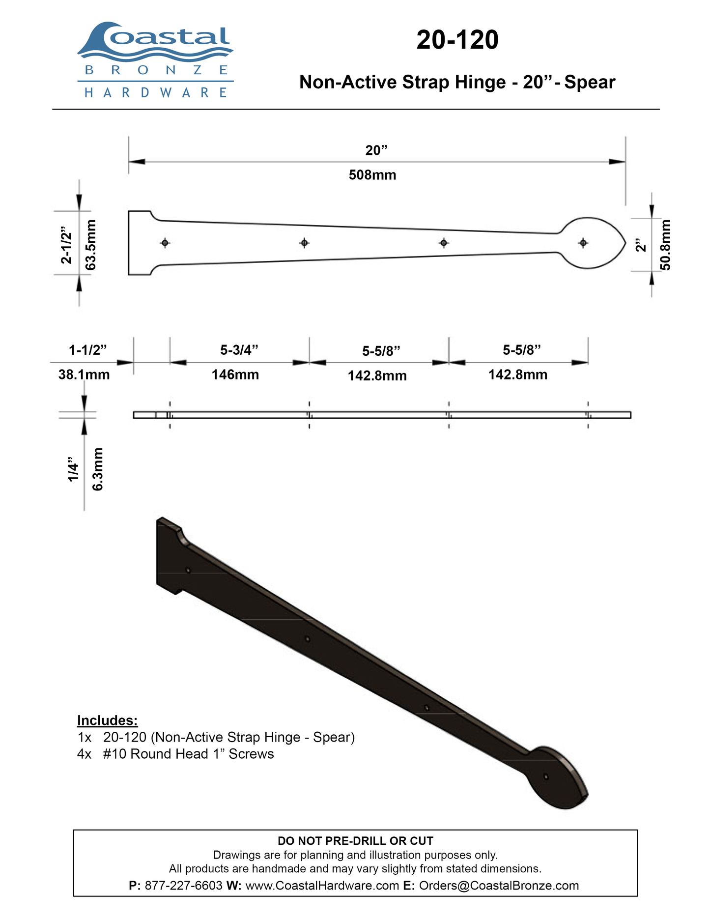Textured Bronze Non-Active Strap Hinge - 20" Spear