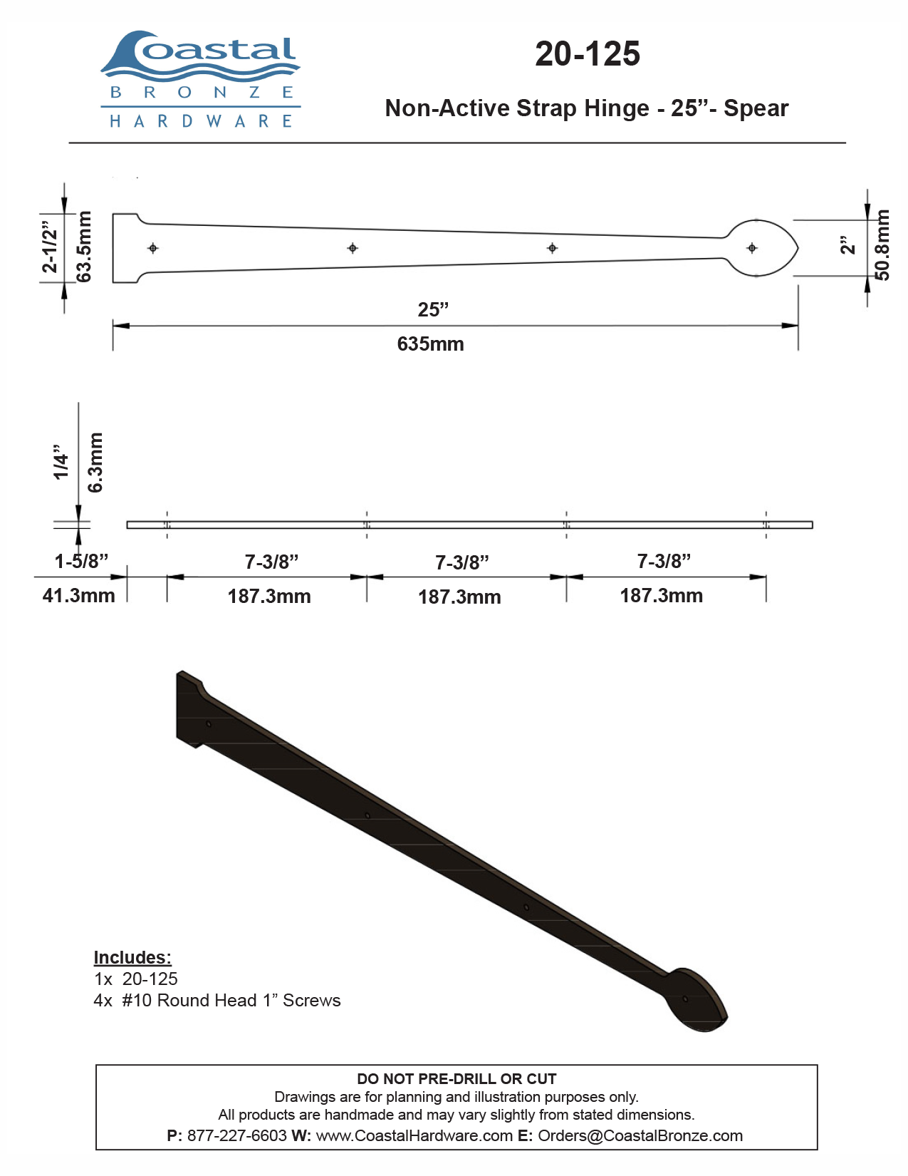 Textured Bronze Non-Active Strap Hinge - 25" Spear