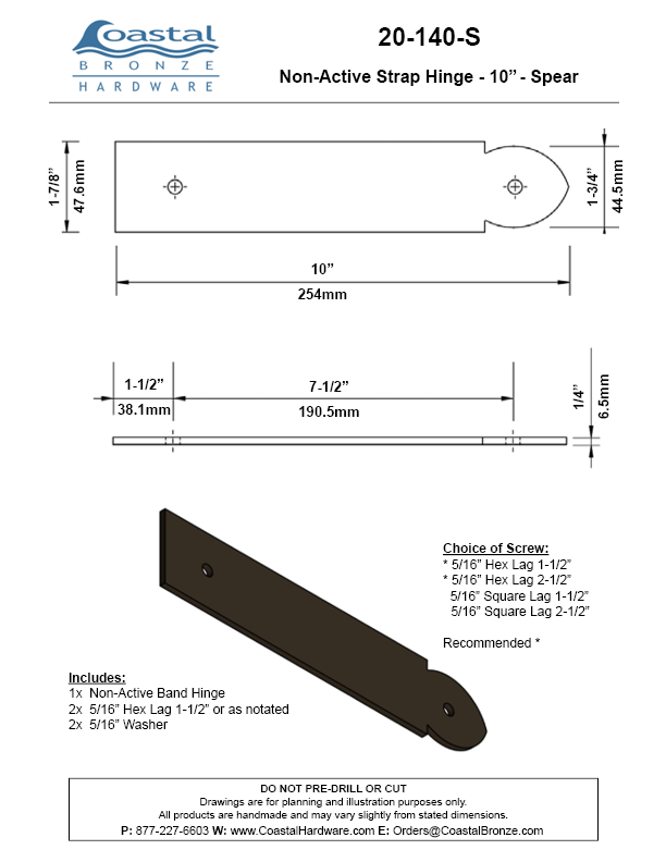 Textured Bronze Non-Active  Band Hinge - 10" - Spear
