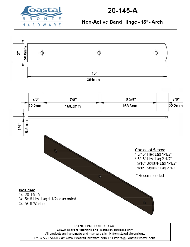 Textured Bronze Non-Active  Band Hinge - 15" - Arch