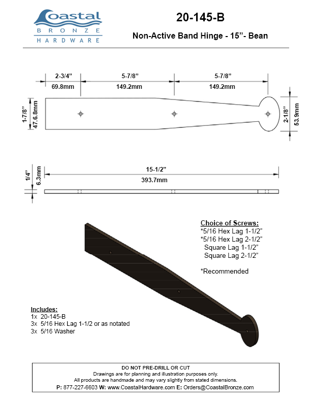 Textured Bronze Non-Active  Band Hinge - 15" - Bean